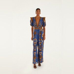 FARM Rio Blue & Gold Printed Deep V Puff-Sleeve Jumpsuit